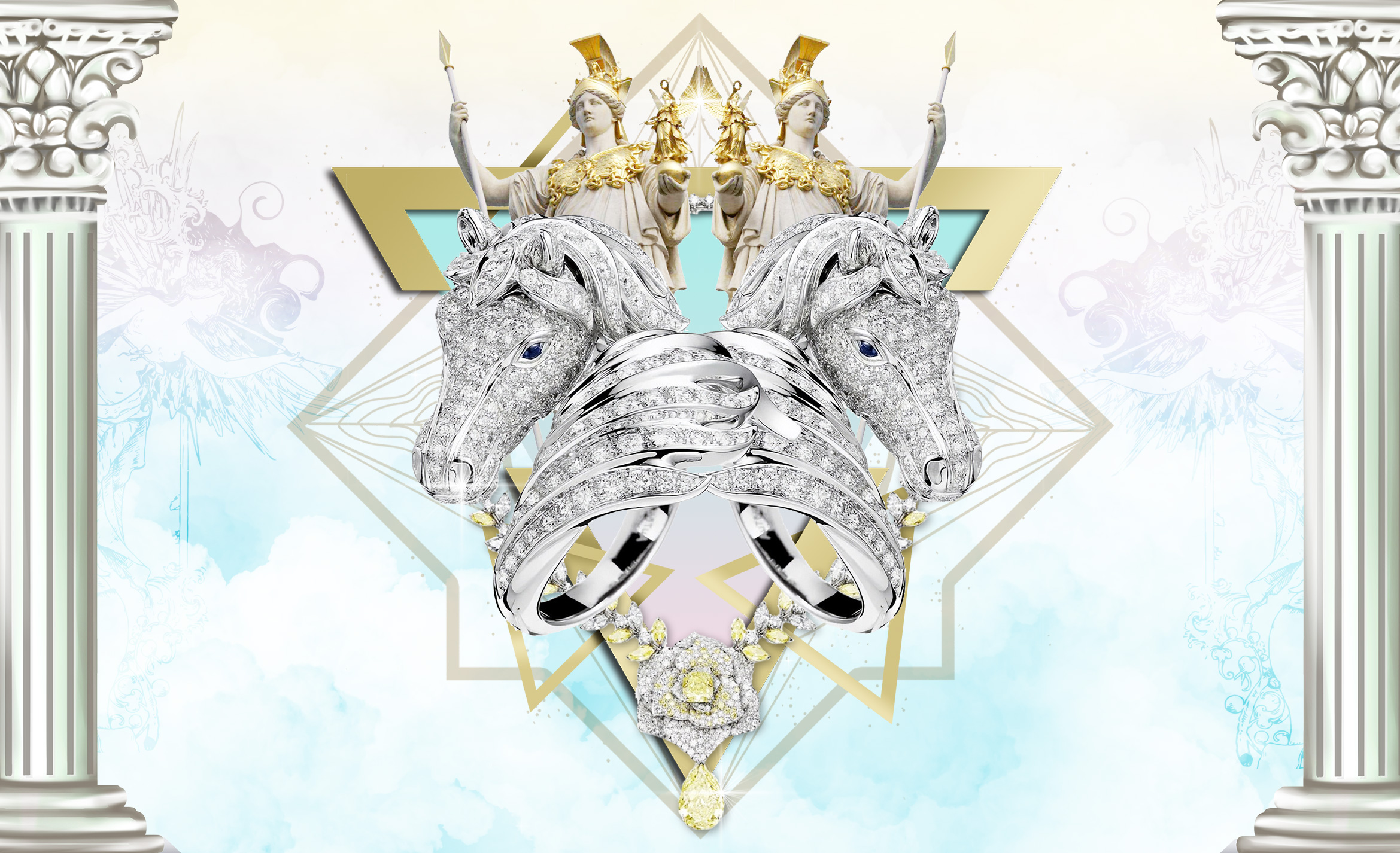 徜徉希腊神话：天然钻石的奇幻之光Boucheron Pegasus 白金戒指，镶嵌圆形切割天然钻石，飞马眼睛为2颗弧面切割蓝宝石<br><br>
Piaget Rose Passion 白金项链，主石为一颗12.82ct的水滴形切割天然黄钻，搭配一颗4.18ct的枕形切割天然黄钻，点缀圆形、榄尖形切割黄钻和天然钻石