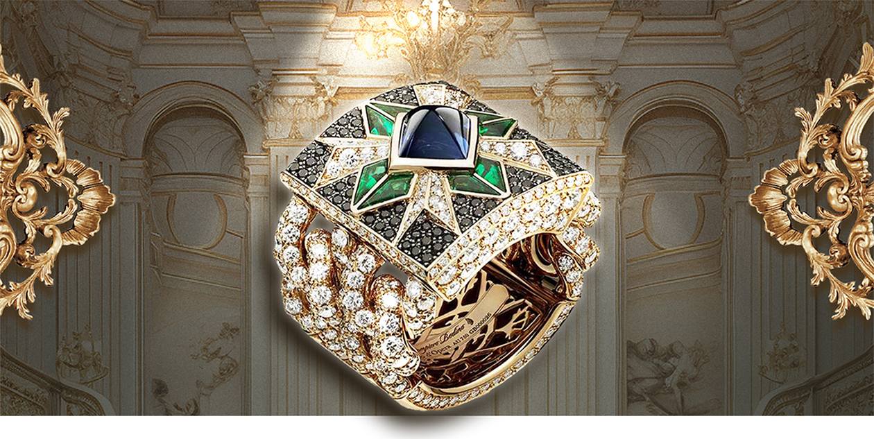 巴洛克风格与钻石珠宝的斑斓「碰撞」Giampiero Bodino的Rosa dei Venti戒指，镶嵌蓝宝石、祖母绿和天然钻石