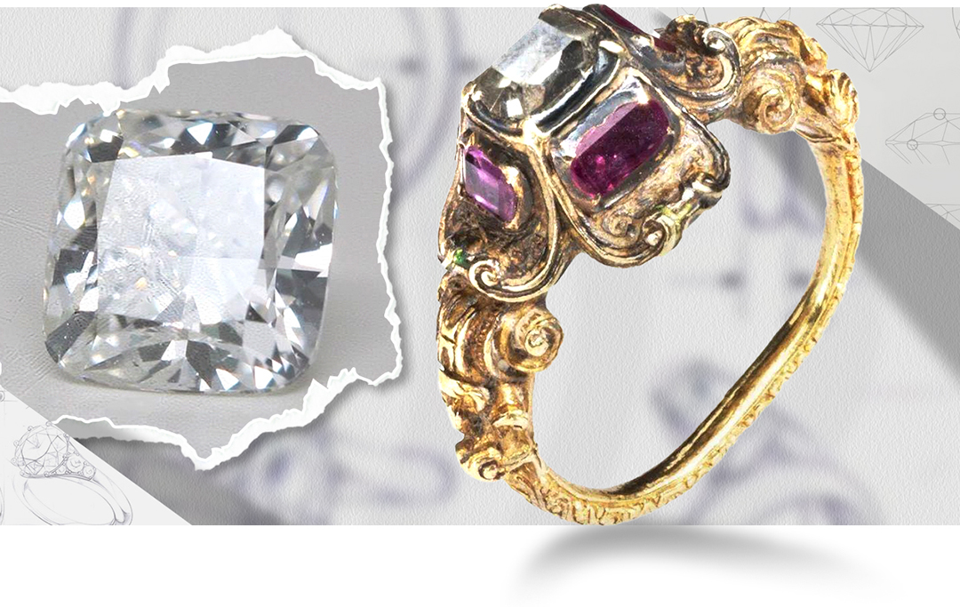 桌形切工的「前世今生」Guilhou Renaissance金质戒指，镶嵌桌形切割天然钻石和红宝石，16世纪