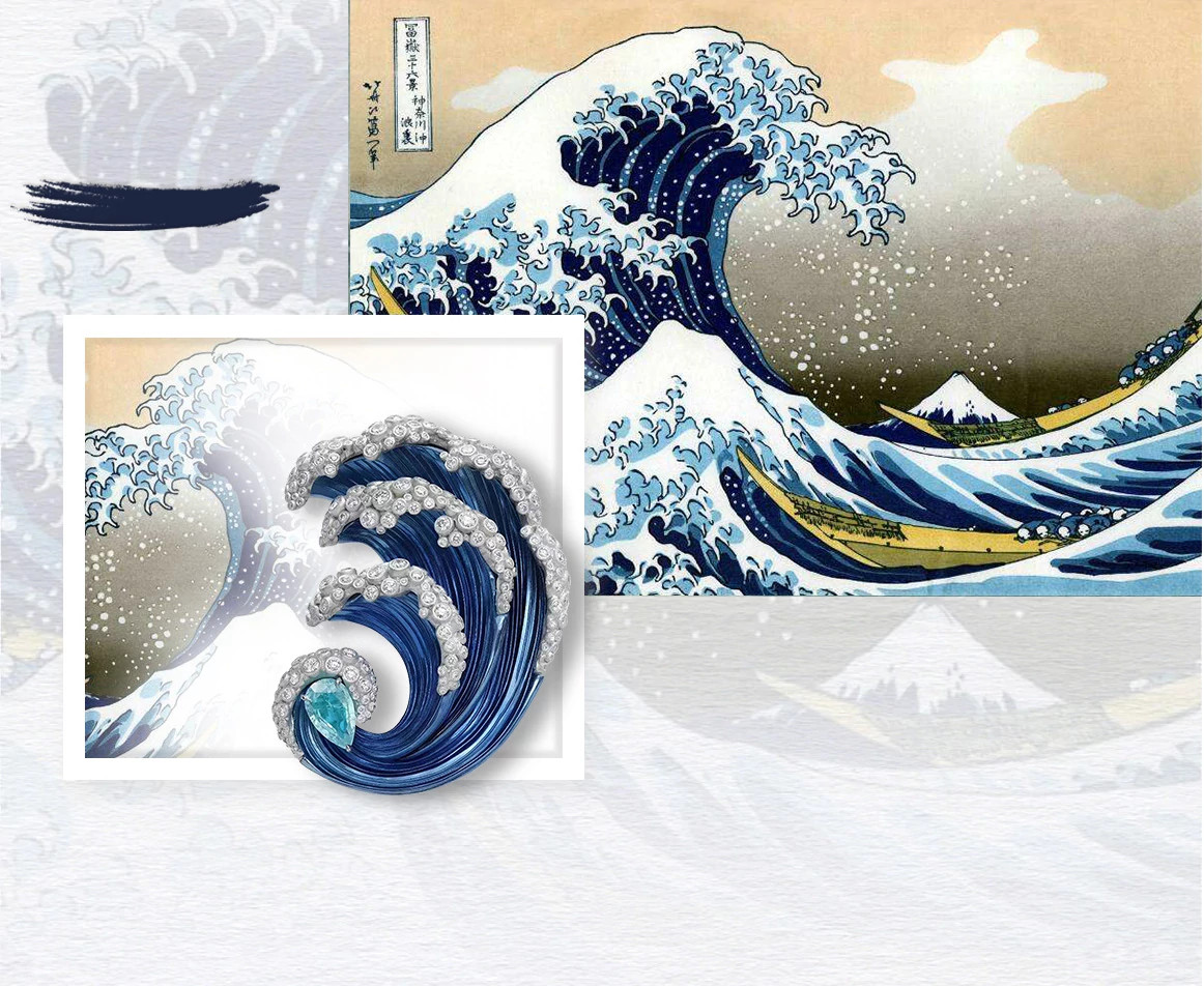 葛饰北斋《神奈川冲浪里》与萧邦Red Carpet高级珠宝系列Water戒指