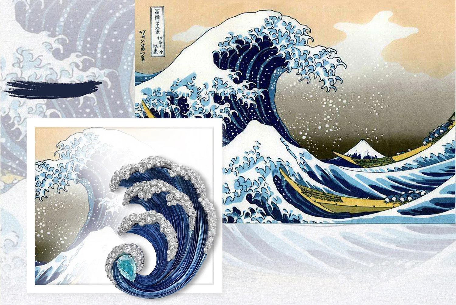 葛饰北斋《神奈川冲浪里》与萧邦Red Carpet高级珠宝系列Water戒指