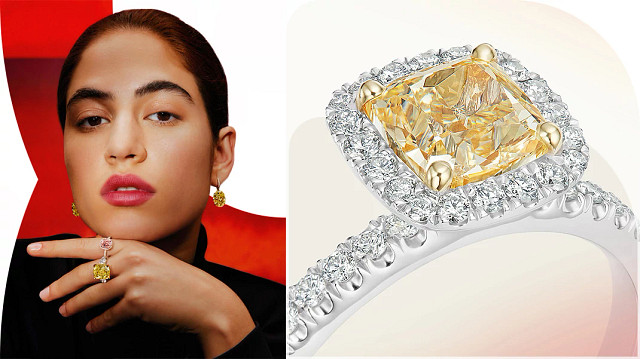 DEBEERS DB CLASSIC/Aura枕形切割浓彩天然黄钻钻戒