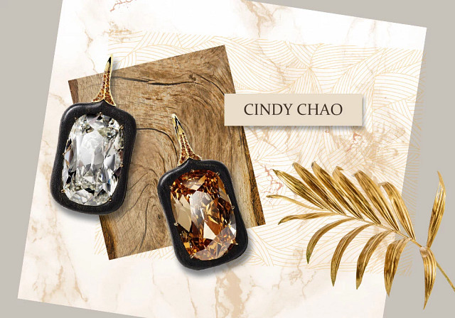 CINDY CHAO 艺术珠宝黑檀木天然钻石耳环