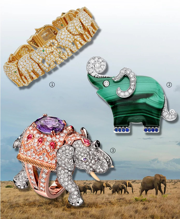 CARTIER象形天然钻石手镯,VAN CLEEF & ARPELS L'Arche de Noé系列大象天然钻石胸针,BOUCHERON象形天然钻石戒指