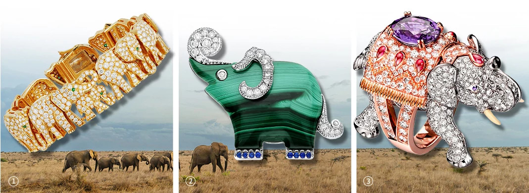 CARTIER象形天然钻石手镯,VAN CLEEF & ARPELS L'Arche de Noé系列大象天然钻石胸针,BOUCHERON象形天然钻石戒指