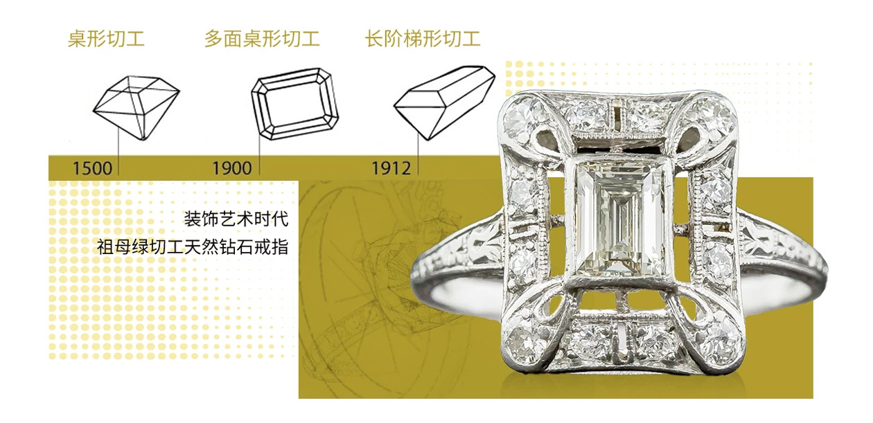 装饰艺术时代的祖母绿切工天然钻石戒指