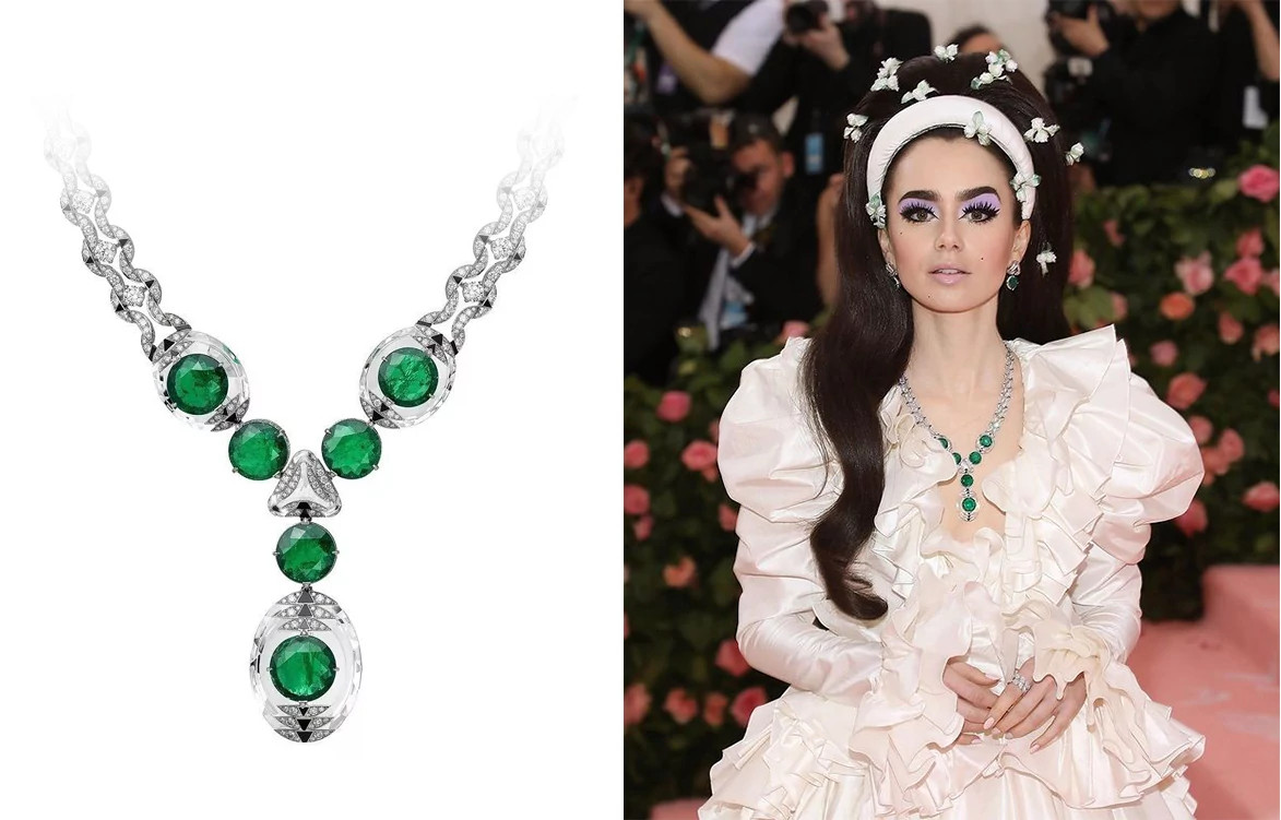 2019年Met Gala，莉莉佩戴卡地亚Magnitude 高级珠宝系列项链